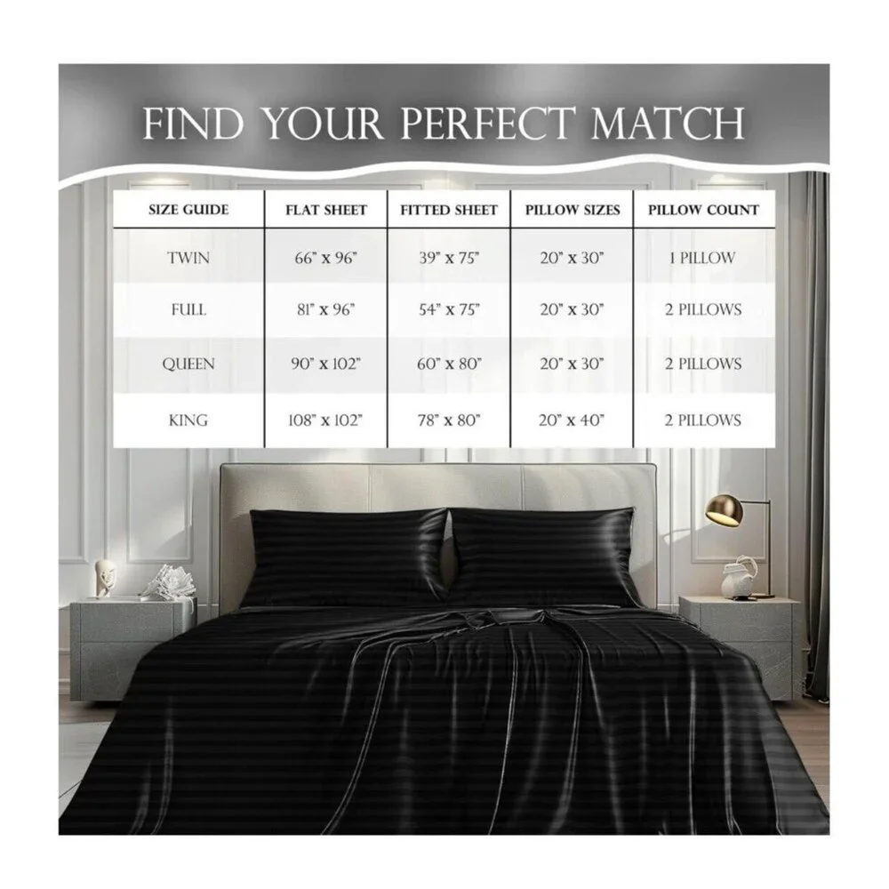Luxury Satin Sheet Set‎ Twin Black Stripped With Pillowcases Deep Pocket
